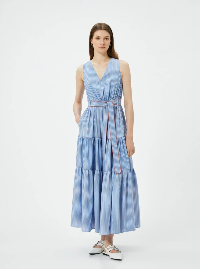 Uzun Elbise Askılı V Yaka Volanlı Kuşaklı