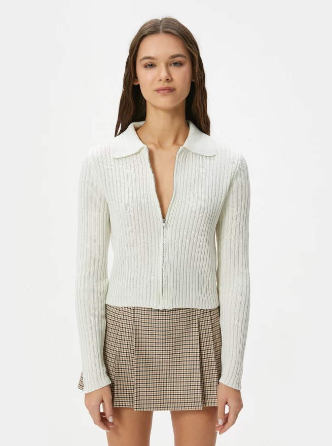 Dik Yaka Fermuarlı Triko Hırka Uzun Kollu Slim Fit