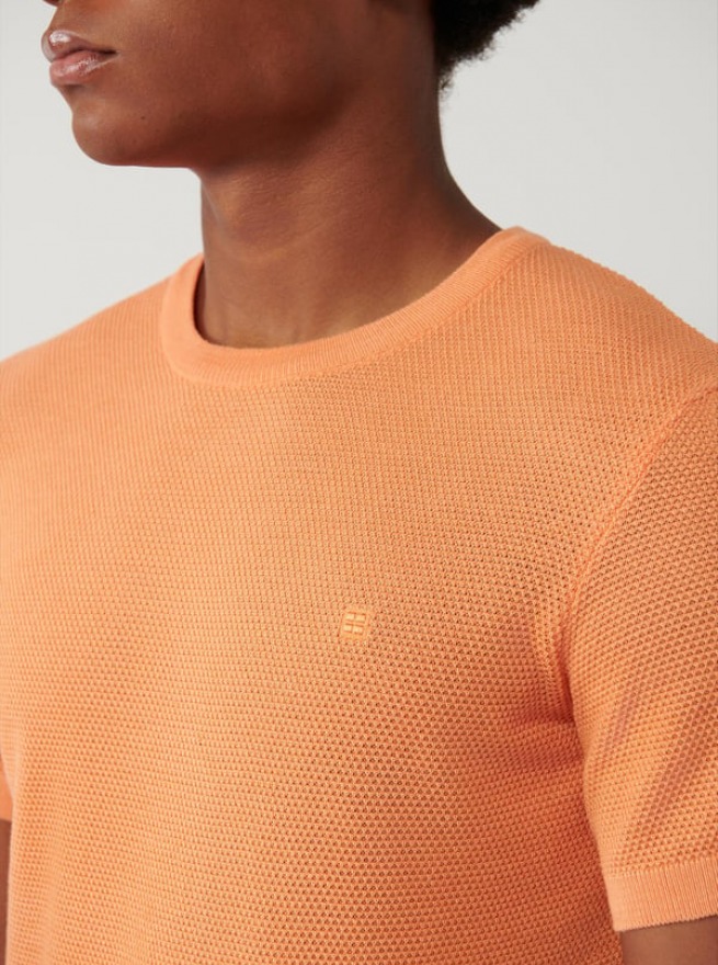 Turuncu Modal Triko T-Shirt Bisiklet Yaka Dokulu Ribanalı Regular Fit